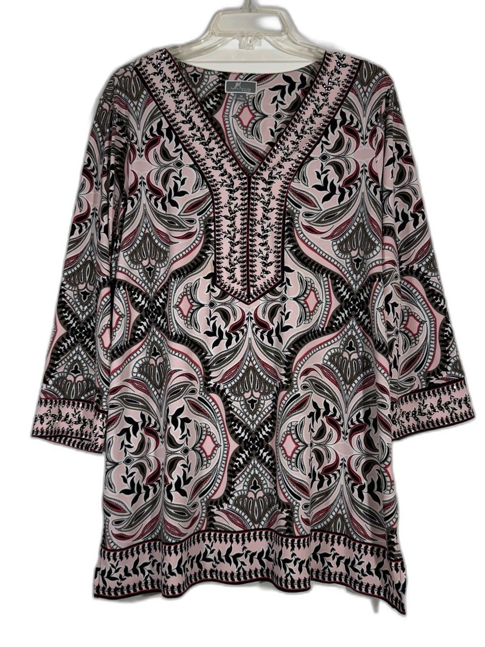 JM Collection Woman Pink Paisley Embellished V-Neck Tunic Top Size 1X